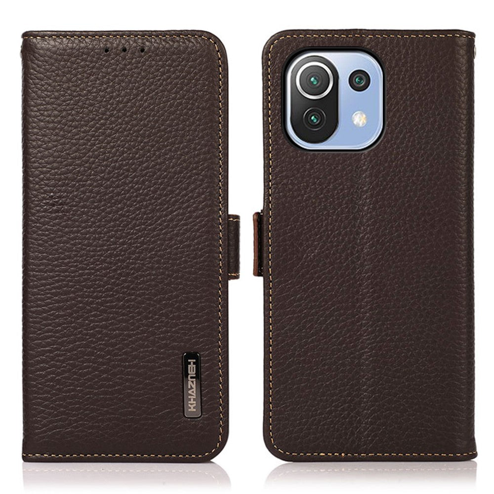 KHAZNEH Anti-theft Swiping RFID Blocking Litchi Skin Genuine Leather Stand Phone Case with Wallet Design for Xiaomi Mi 11 Lite 4G / 5G / 11 Lite 5G NE