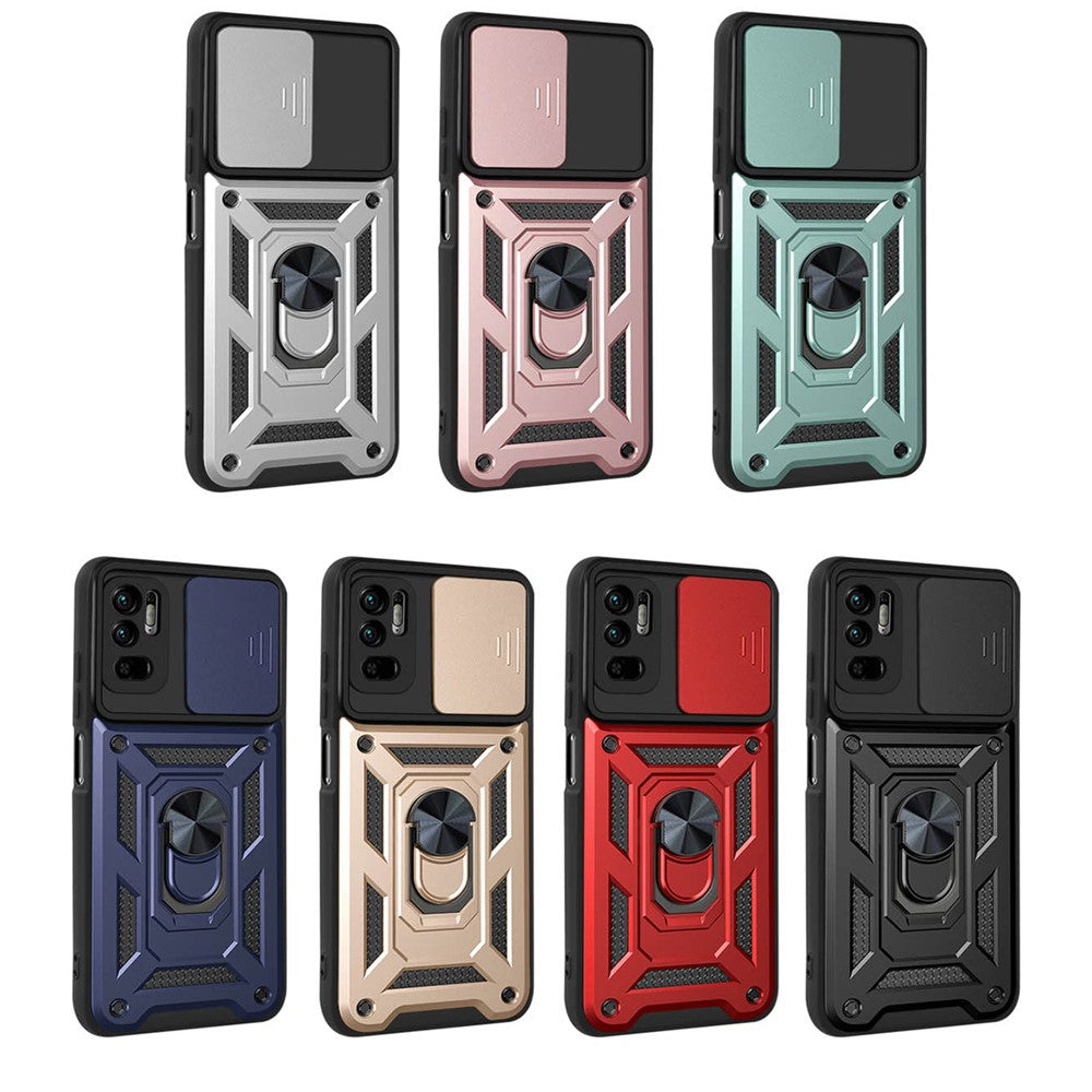 Kickstand PC + TPU Shockproof Scratch-Resistant Slide Camera Cover Phone Case for Xiaomi Redmi Note 10 5G/Note 10T 5G /Poco M3 Pro 4G/5G