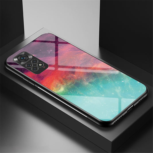 For Xiaomi Redmi Note 11 4G (Qualcomm)/Redmi Note 11S 4G Cell Phone Case Anti-scratch Hard Tempered Glass + PC Back Soft TPU Starry Sky Pattern Design Cover