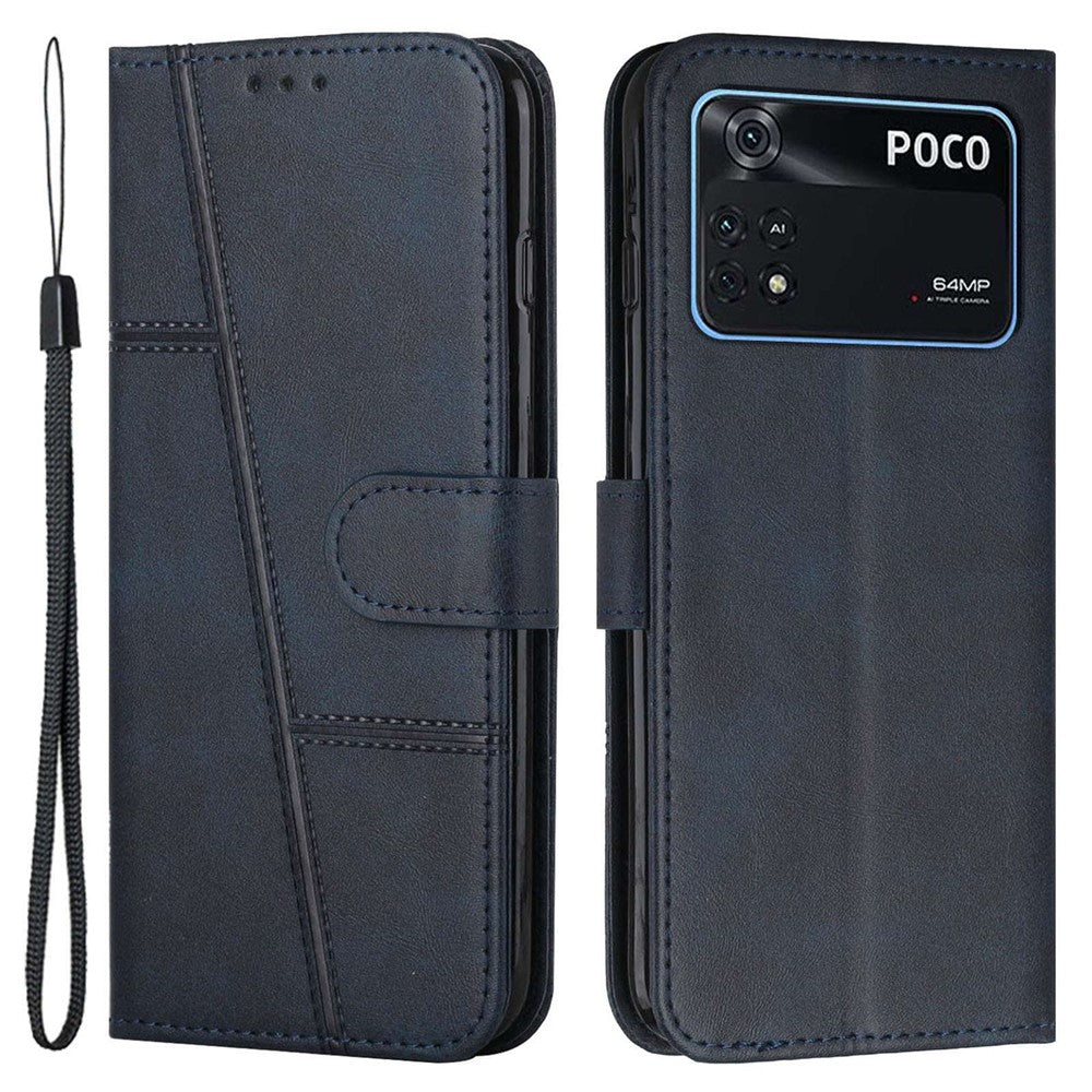 For Xiaomi Poco M4 Pro Phone Card Holder Case Wallet Magnetic PU Leather+Soft TPU Fine Stitching Phone Cover with Strap