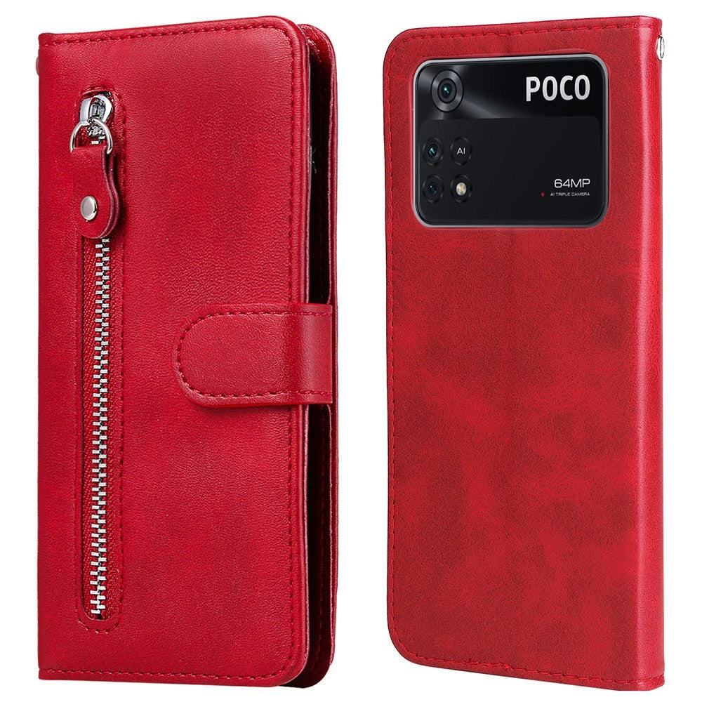 For Xiaomi Poco M4 Pro Wallet Stand Feature PU Leather Phone Case Magnetic Clasp Zipper Pocket Shockproof Cover