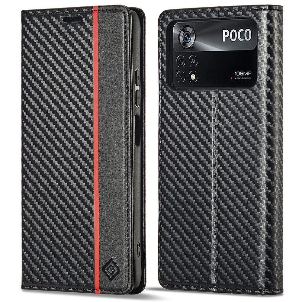LC.IMEEKE For Xiaomi Poco X4 Pro 5G Anti-scratch Flip Wallet Case, PU Leather Carbon Fiber Texture Stand Magnetic Auto-absorbed Folio Phone Cover