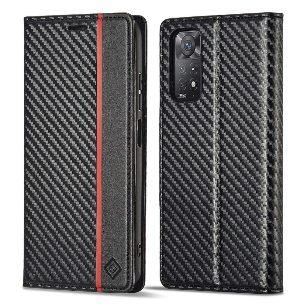 LC.IMEEKE For Xiaomi Redmi Note 11 4G (Qualcomm)/Note 11S 4G Shockproof Flip Wallet Case, PU Leather Carbon Fiber Texture Stand Magnetic Auto-absorbed Phone Cover