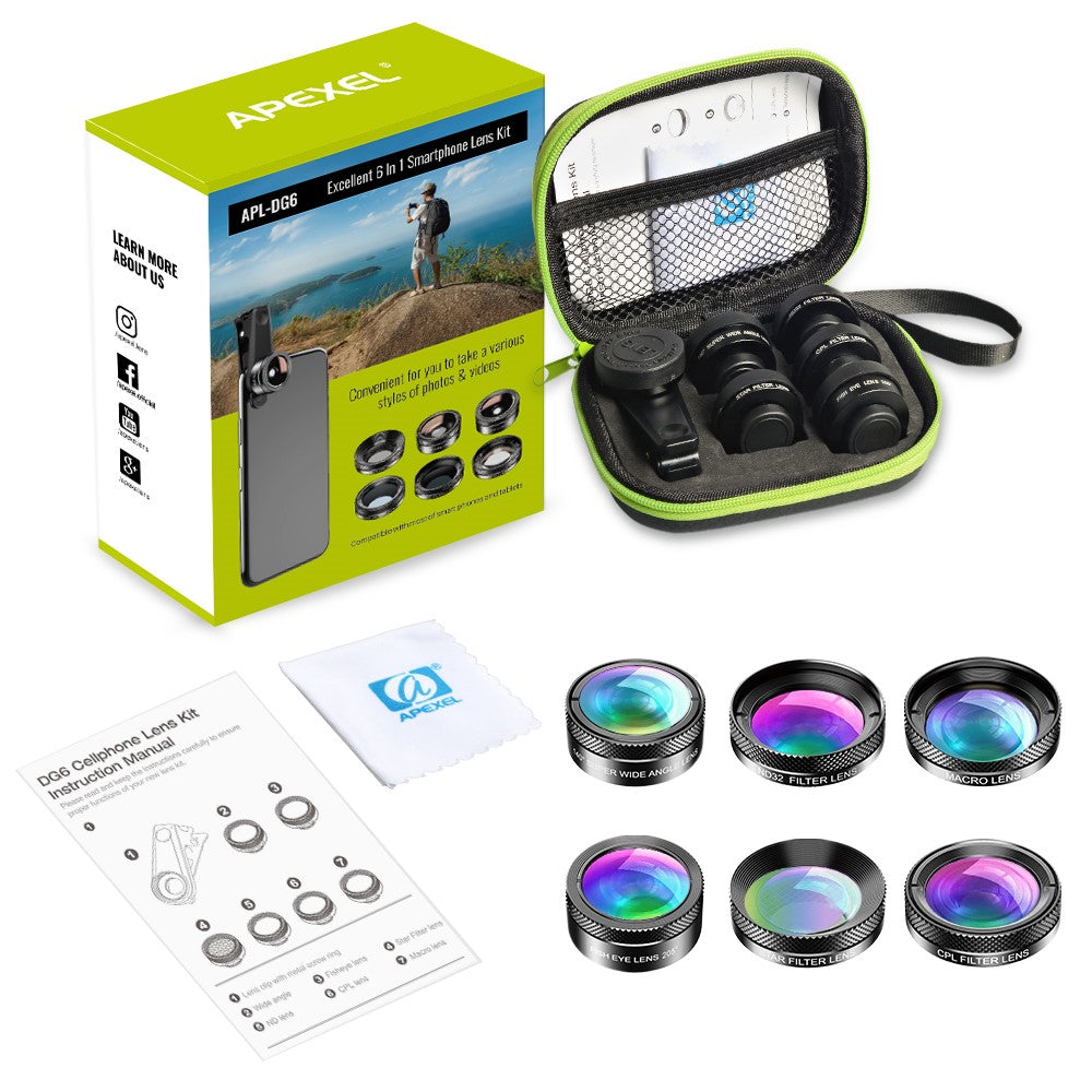 APEXEL APL-DG6 HD 6-in-1 Objektivset – Weitwinkel / Sternfilter / Makro / Fisheye / ND-Filter / CPL-Filter