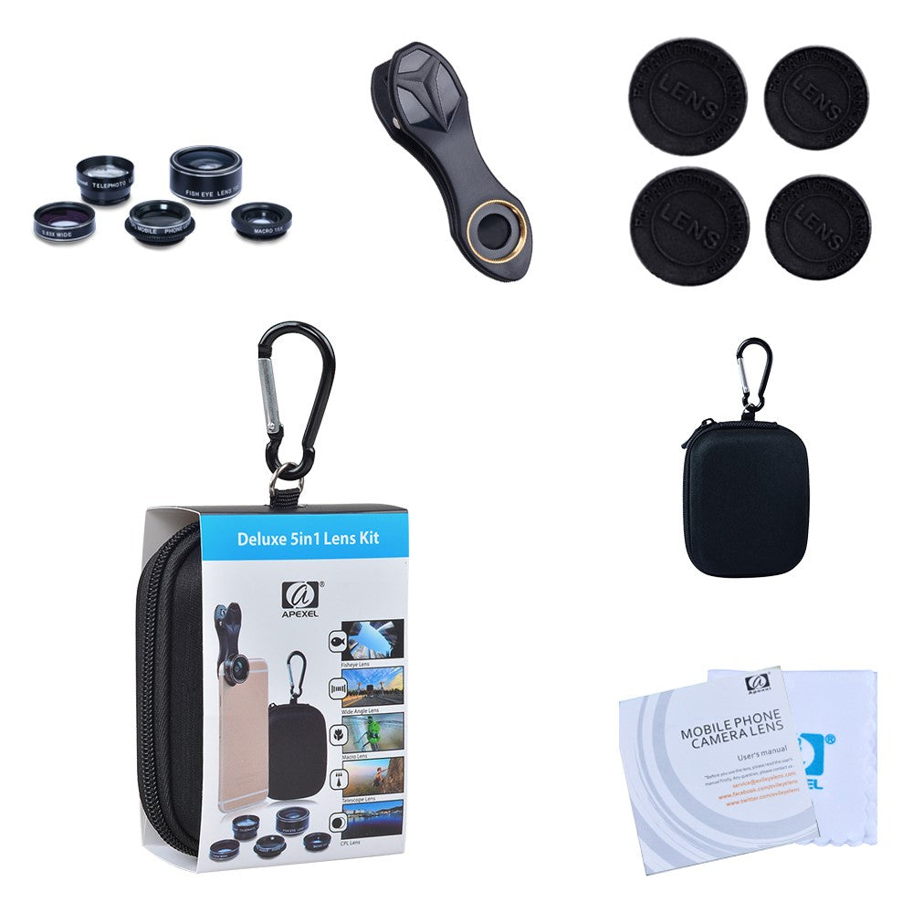 APEXEL APL-DG5-H 5-in-1 Fisheye-Weitwinkel-Makro-Teleobjektiv – Mit CPL-Sensor für Mini-Handykameras