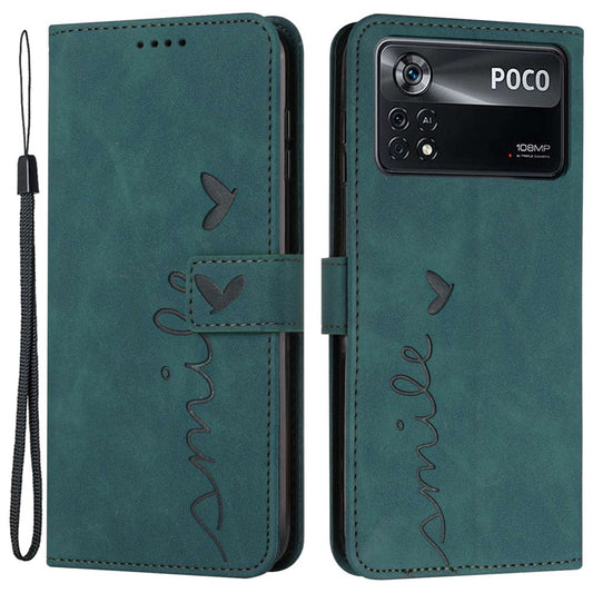 Xiaomi Poco X4 Pro 5G Handyhülle – mit Herzform-Aufdruck, Anti-Fingerabdrücke, hautsympathisches PU-Leder, Brieftasche, Standfunktion, mit Riemen