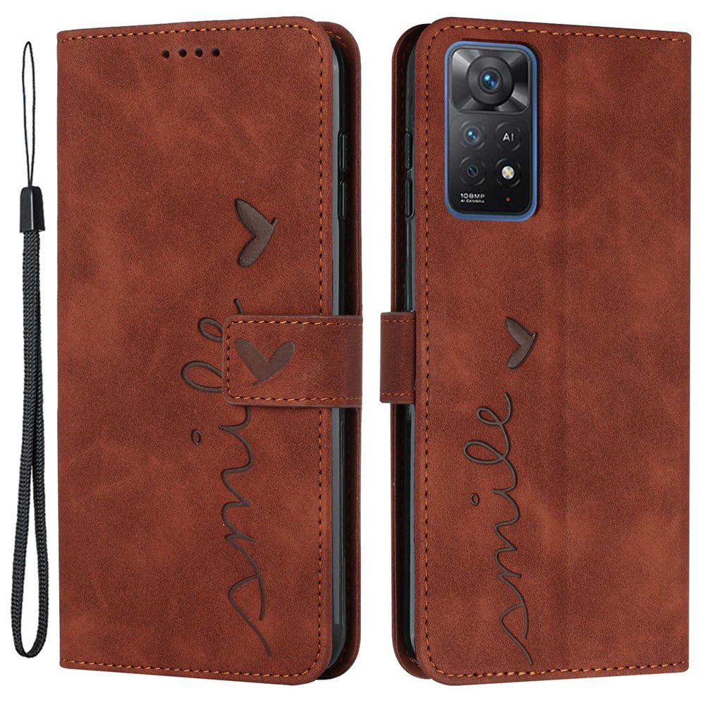 For Xiaomi Redmi Note 11 Pro 5G (Qualcomm)/Note 11 Pro 4G (MediaTek) Skin-touch Feeling Heart Shape Imprinted Phone Case PU Leather Wallet Stand with Strap