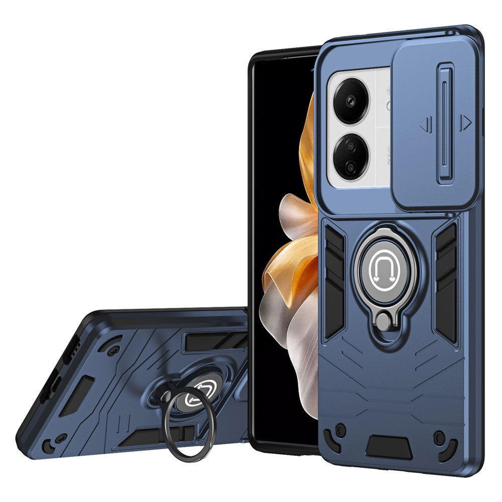 For Xiaomi Poco M6 5G / Poco C65 4G / Redmi 13C 4G / 13C 5G / 13R 5G Case Slide Lens Lid Anti-Fall Phone Cover with Ring Kickstand
