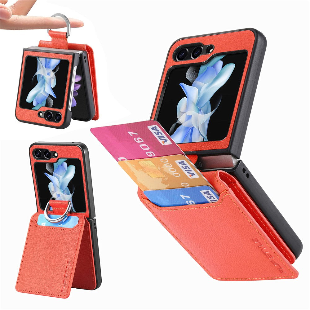 For Samsung Galaxy Z Flip7 FE 5G / Z Flip6 5G Phone Case Card Slot Kickstand PU+PC Cover with Finger Ring