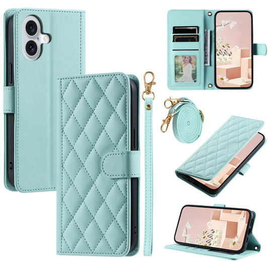 iPhone 16 Wallet-Hülle – Rautenmuster mit Geldbörsenfunktion & Riemen