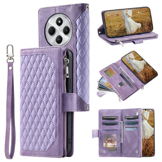 Style 005 For Xiaomi Poco C75 4G / Redmi 14R 5G / 14C 4G Zipper Wallet Case Rhombus Stitching Line PU Leather Phone Cover