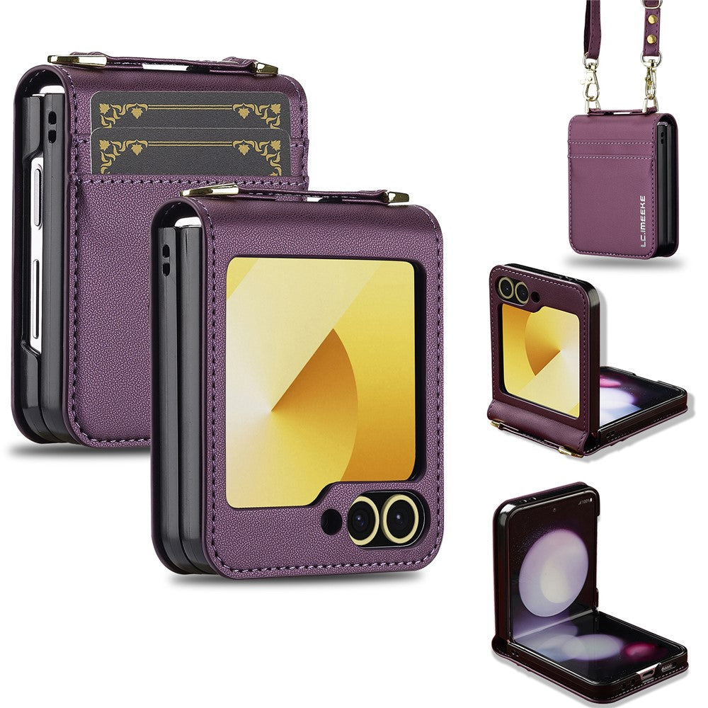 LC.IMEEKE for Samsung Galaxy Z Flip7 FE 5G / Z Flip6 5G Case Leather+PC Phone Cover with Straps Card Slots