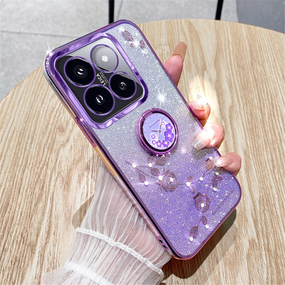 KADEM For Xiaomi 14T Pro Case Ring Kickstand TPU Flowers Phone Cover Gradient Glitter