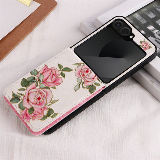 Galaxy Z Flip7 FE 5G / Galaxy Z Flip5 5G / Galaxy Z Flip6 5G – Handyhülle aus PU-Leder und TPU, mit Kartenfach, mit Blumenmotiv