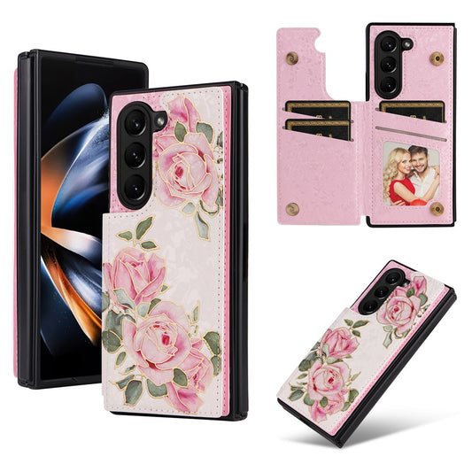 Galaxy Z Fold5 5G – Handyhülle aus PU-Leder und TPU, mit Ständer, mit Kartenfach, mit RFID-Schutz, mit Blumenmotiv