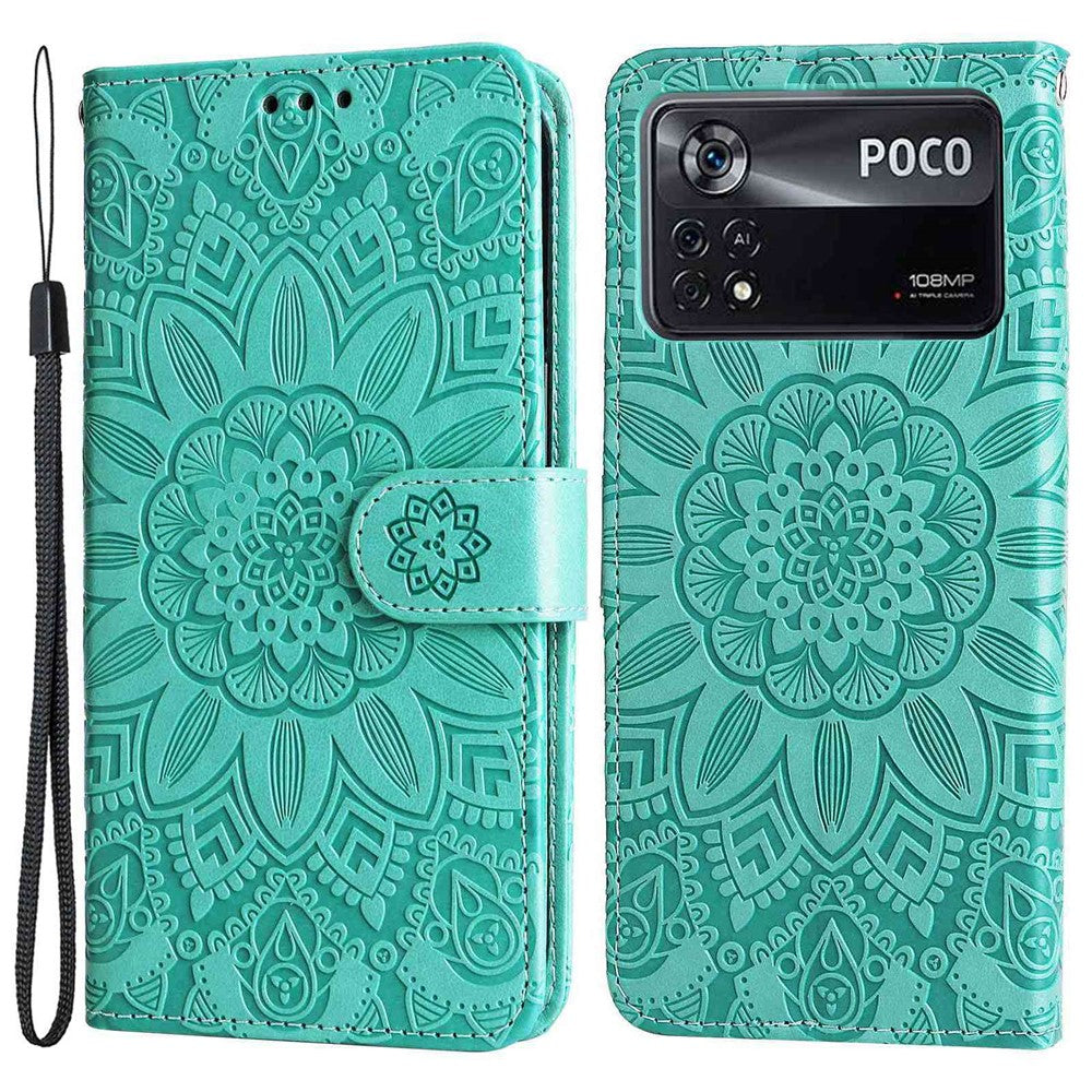 For Xiaomi Poco X4 Pro 5G PU Leather Flip Wallet Case Sunflower Imprinted Stand Bookstyle Magnetic Protective Cover with Hand Strap