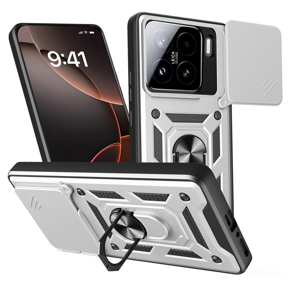 For Xiaomi 15 Case with Slide Camera Lid PC + TPU Kickstand Phone Cover