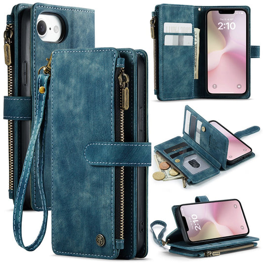 CASEME For iPhone 17e / 16e Phone Cases with Strap C30 Zipper Multiple Card Holder PU Leather Cover