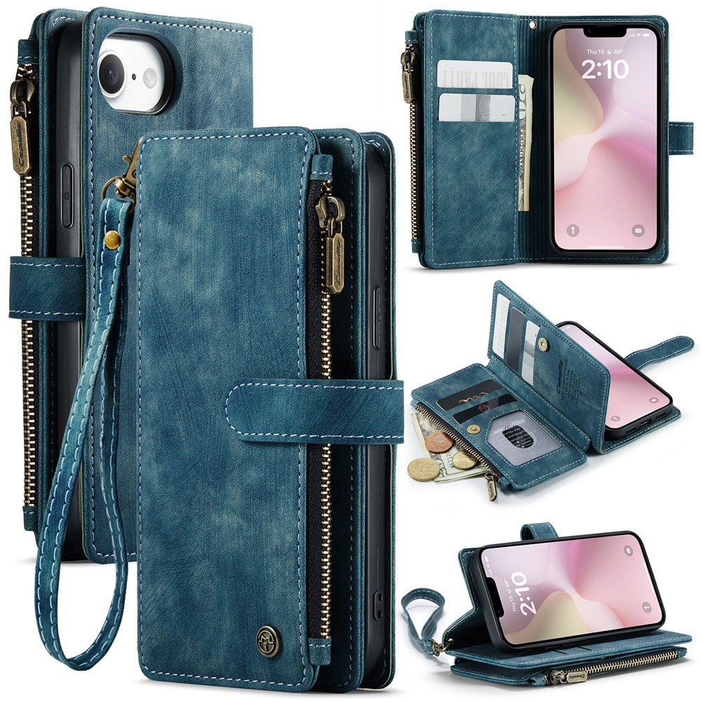 CASEME For iPhone 17e / 16e Phone Cases with Strap C30 Zipper Multiple Card Holder PU Leather Cover