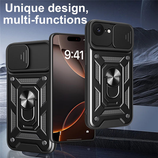For iPhone 17e / 16e Case with Slide Camera Lid PC + TPU Kickstand Phone Cover