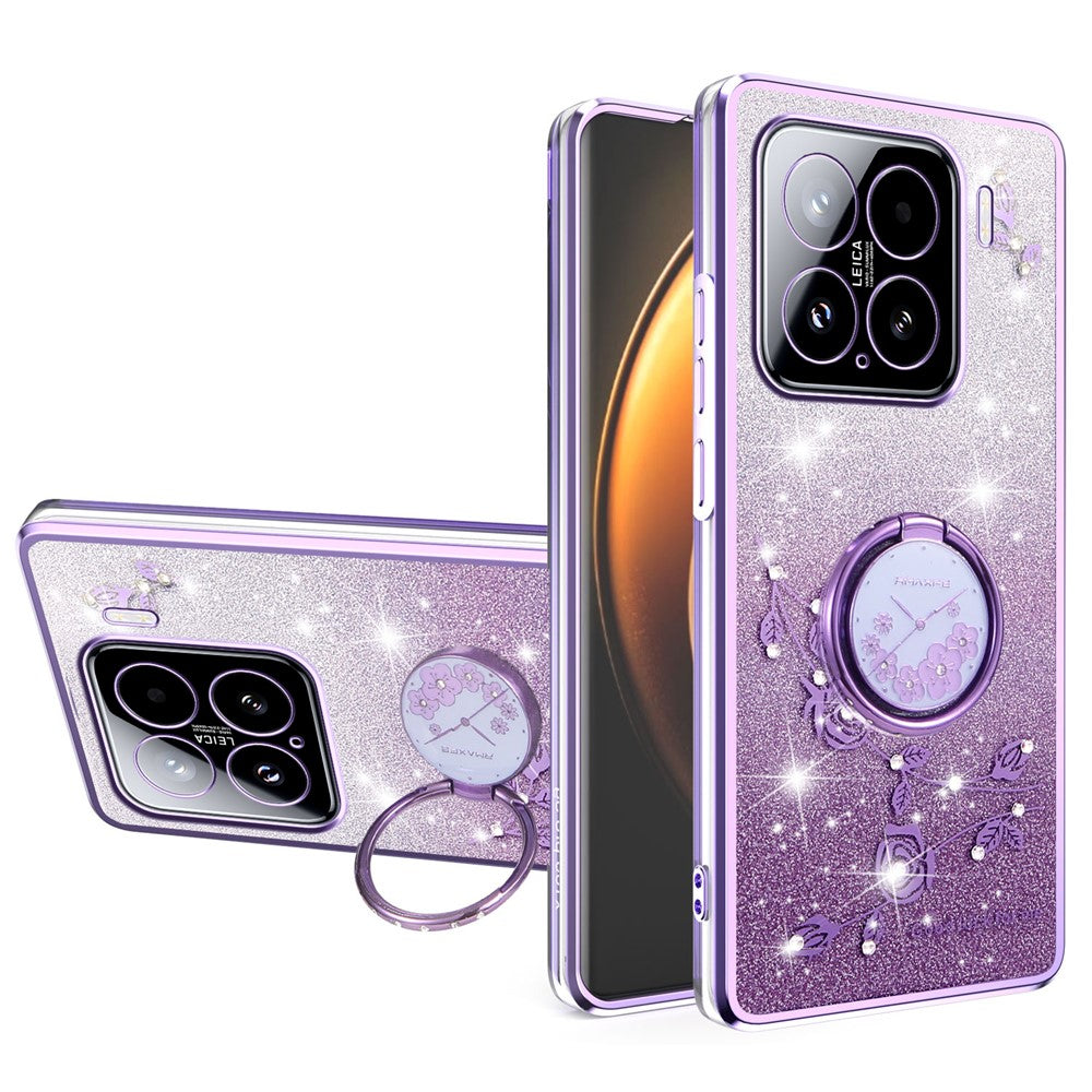 KADEM For Xiaomi 15 Case Ring Kickstand TPU Flowers Phone Cover Gradient Glitter
