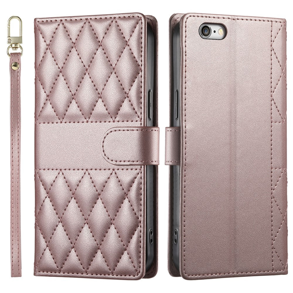 For iPhone 17e / 16e Case Rhombus Stitching Wallet Stand Leather Phone Cover with Long / Short Strap