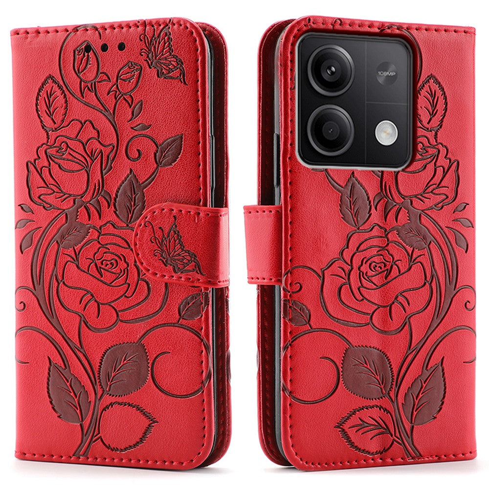 For Xiaomi Redmi Note 13 5G Case Wallet Stand Imprinted Rose Butterfly PU Leather Phone Cover