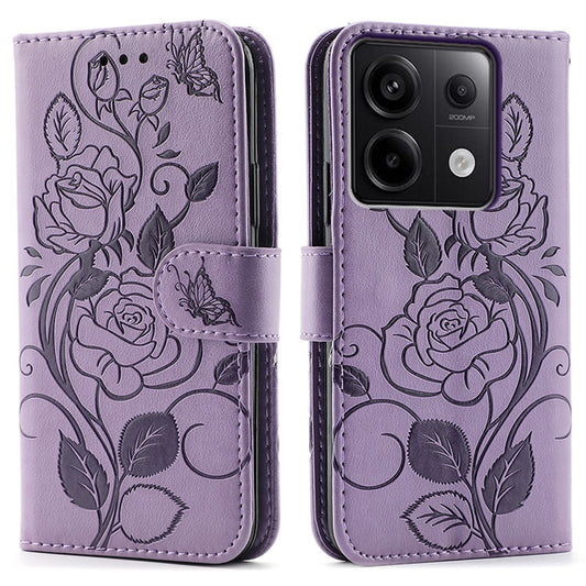 For Xiaomi Redmi Note 13 Pro 5G / Poco X6 5G Case Wallet Stand Imprinted Rose Butterfly PU Leather Phone Cover