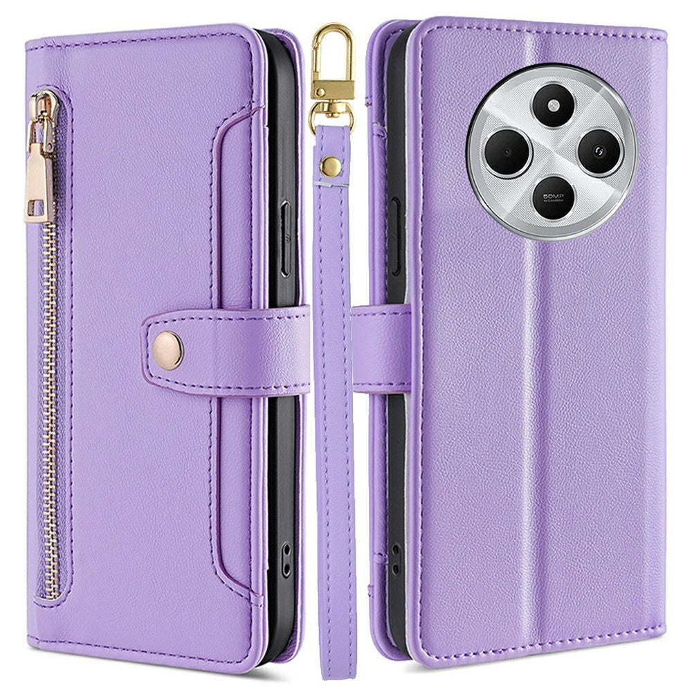 Leather Case for Xiaomi Redmi 14C 4G / 14R 5G / Poco C75 4G / A4 5G Zipper Pocket Wallet Phone Cover with 2 Straps