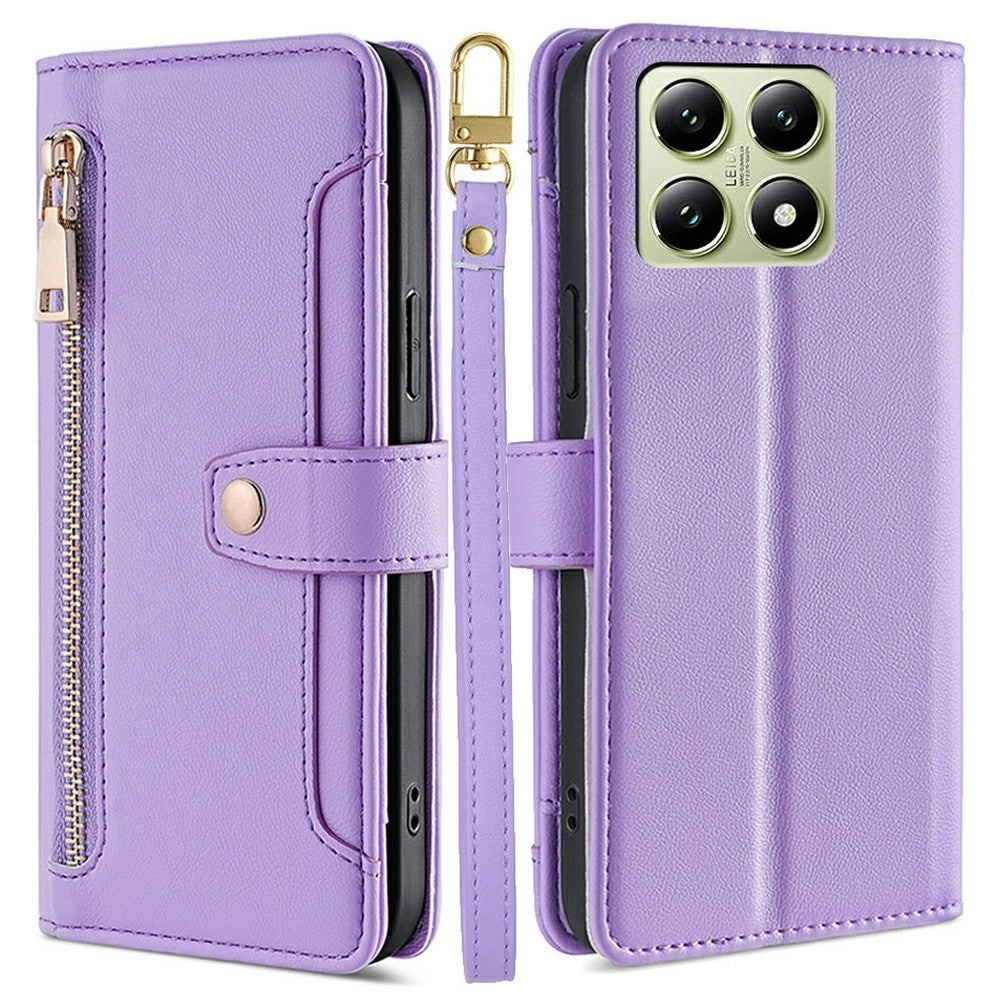For Xiaomi 14T Leather Case Zipper Pocket Wallet Phone Cover with 2 Straps