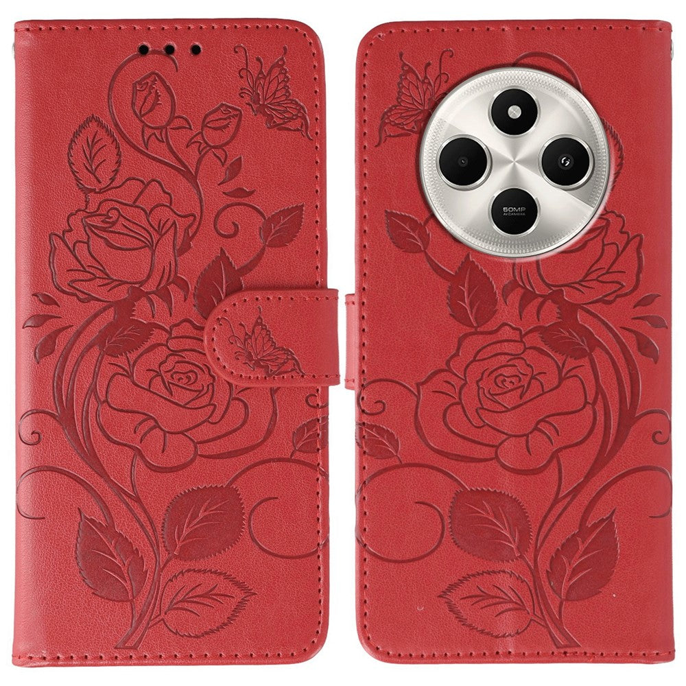 Phone Case For Xiaomi Poco C75 4G / Poco M7 5G / Redmi 14C 4G / 14R 5G Wallet Stand Imprinted Rose Butterfly PU Leather Cover