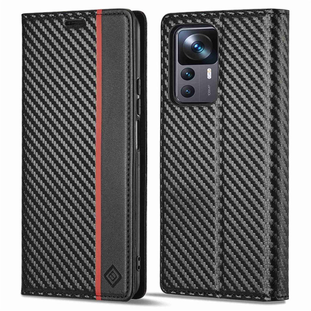 LC.IMEEKE Anti-drop Phone Case for Xiaomi 12T 5G / Redmi K50 Ultra 5G / 12T Pro 5G, Carbon Fiber Texture Wallet Stand Magnetic Auto Closing PU Leather Cell Phone Cover