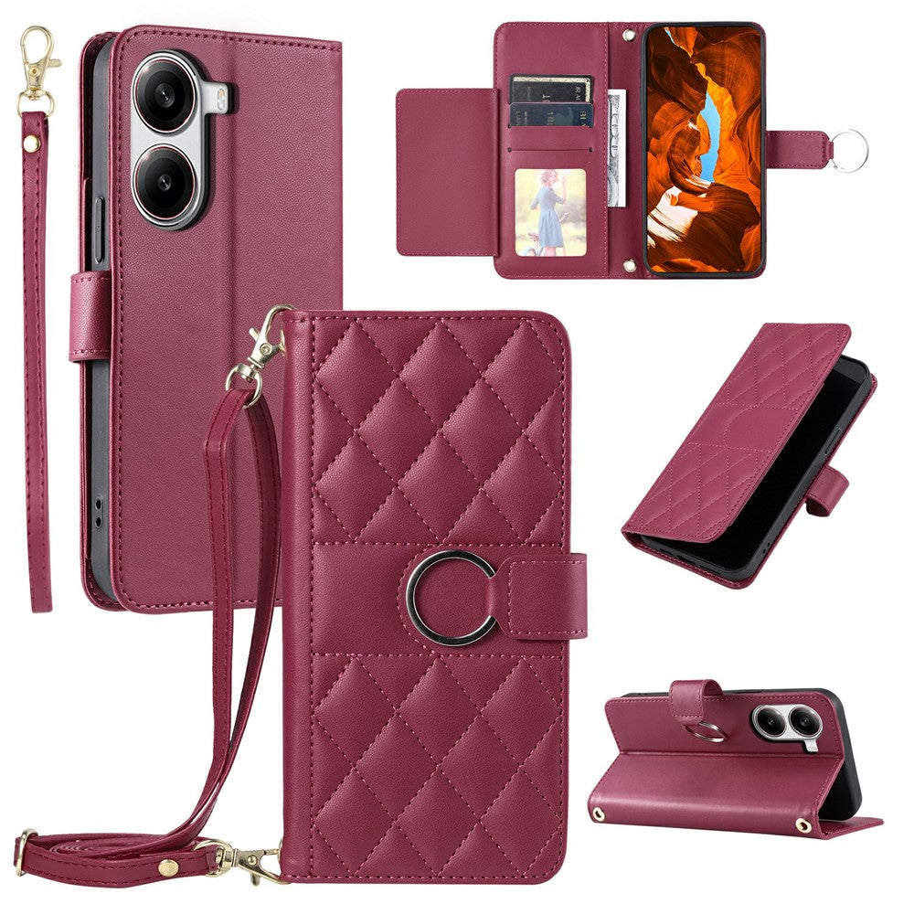 For Xiaomi Poco X7 Pro 5G / Redmi Turbo 4 5G Crossbody Leather Case Ring Buckle Wallet Stand Rhombus Mobile Cover