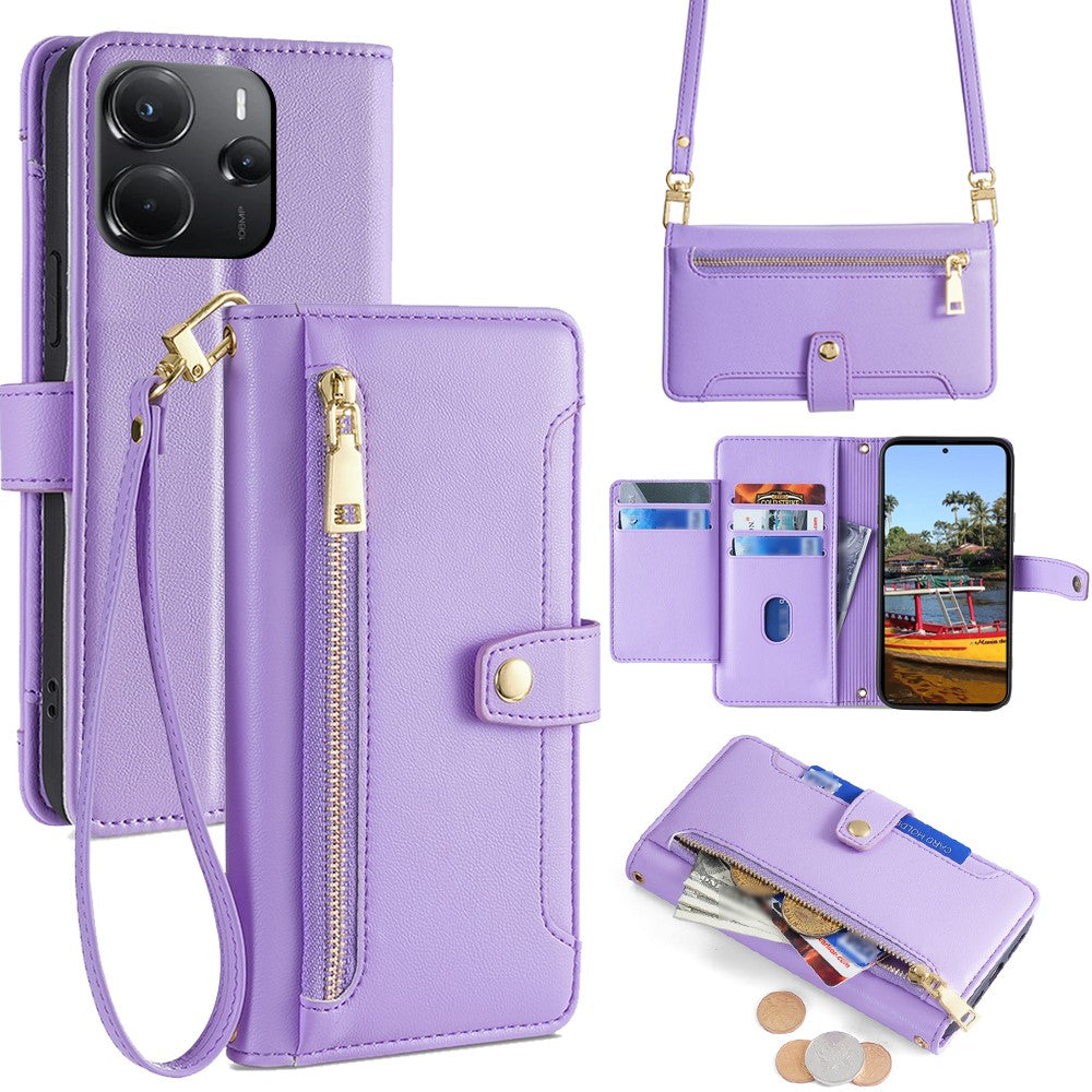 For Xiaomi Redmi Note 14 4G (164.84mm) Leather Case Zipper Pocket Wallet Phone Cover with 2 Straps