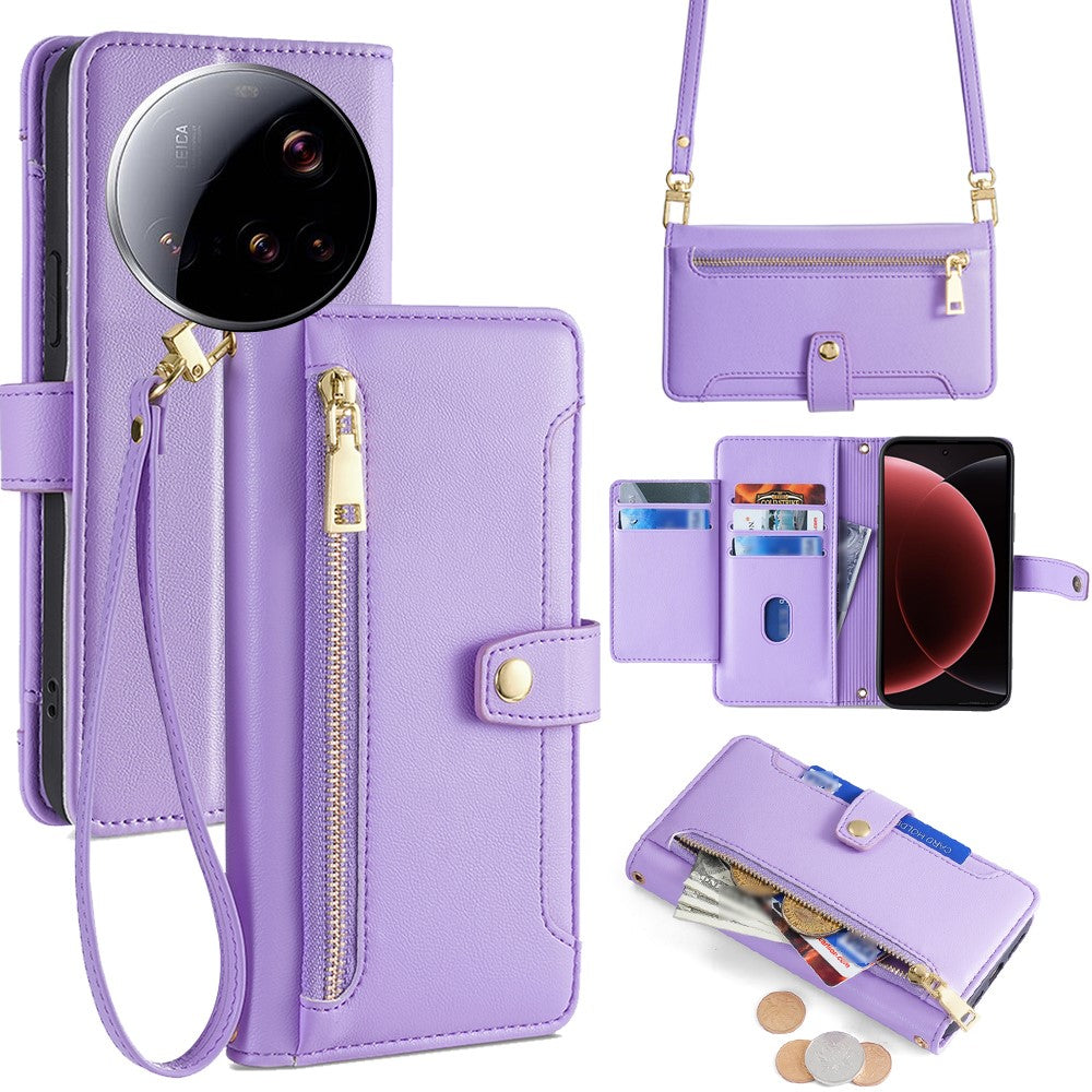 For Xiaomi 15 Ultra Leather Case Zipper Pocket Wallet Phone Cover with 2 Straps