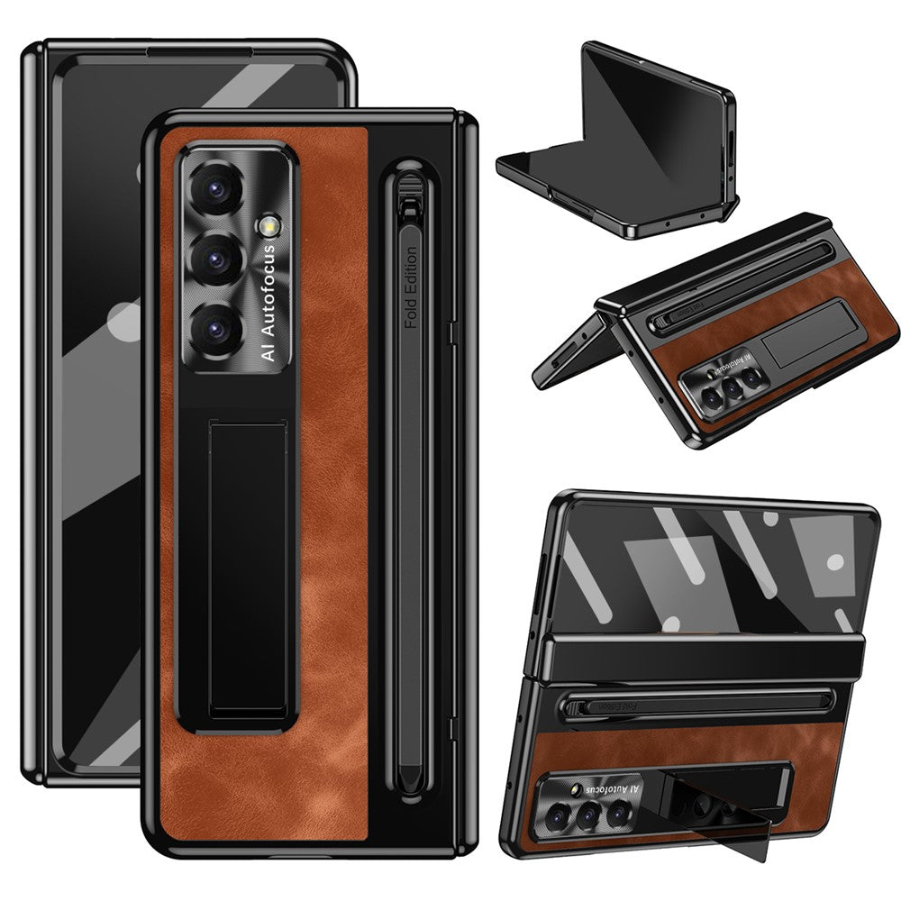 For Samsung Galaxy Z Fold7 5G Case Pen Slot Leather + PC Kickstand Phone Cover with Tempered Glass Film, Stylus