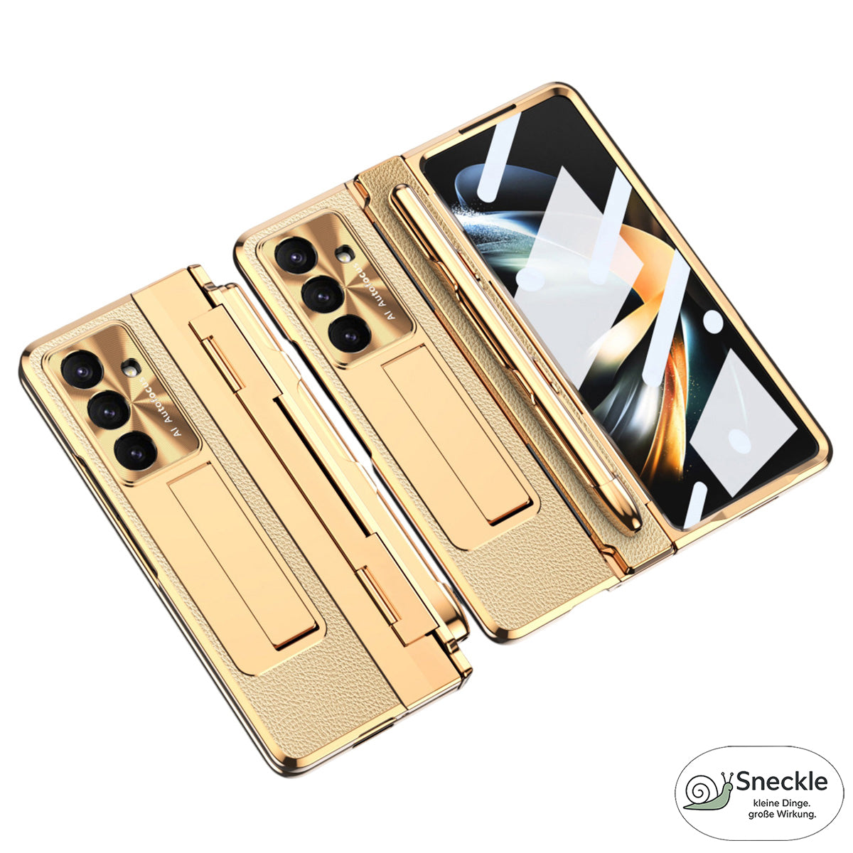 Galaxy Z Fold7 Lederhülle mit Ständer – Mit Panzerglas & Stylus-Halterung