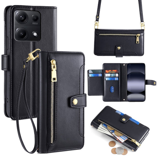 Xiaomi Redmi Note 14S 4G Handyhülle – Ledertasche mit Reißverschlusstasche und 2 Riemen