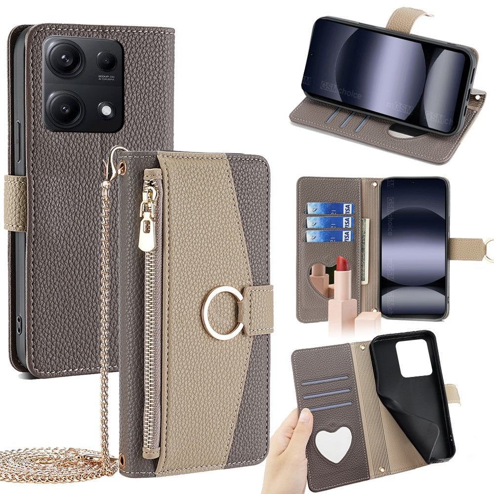 For Xiaomi Redmi Note 14S 4G Case Mirror Wallet Leather Phone Cover with Chain Shoulder Strap