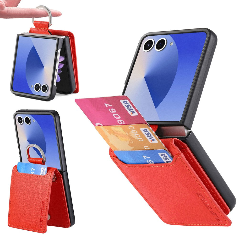 For Samsung Galaxy Z Flip7 5G Case Card Holder Kickstand PU + PC Phone Cover with Finger Ring