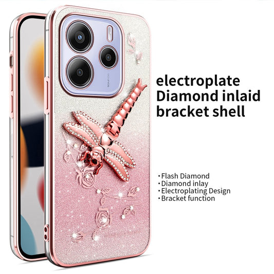 Xiaomi Redmi Note 14 4G (164.84mm) Handyhülle – KADEM Libelle Ständer TPU Blumen Glitzer