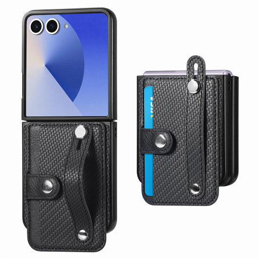 Galaxy Z Flip7 5G – Magnetische Handyhülle aus Kunststoff, PU-Leder und TPU, mit Ständer, mit Kartenfach, in Carbonfaser-Optik