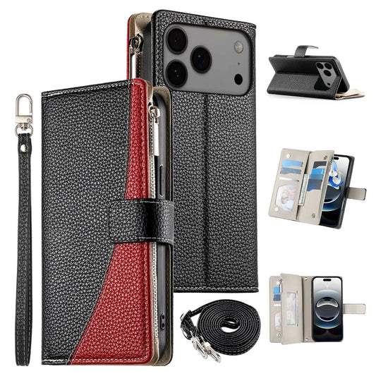 For iPhone 18 Pro Max / 17 Pro Max Case Zipper Wallet Color Splicing Leather Flip Phone Cover with Straps