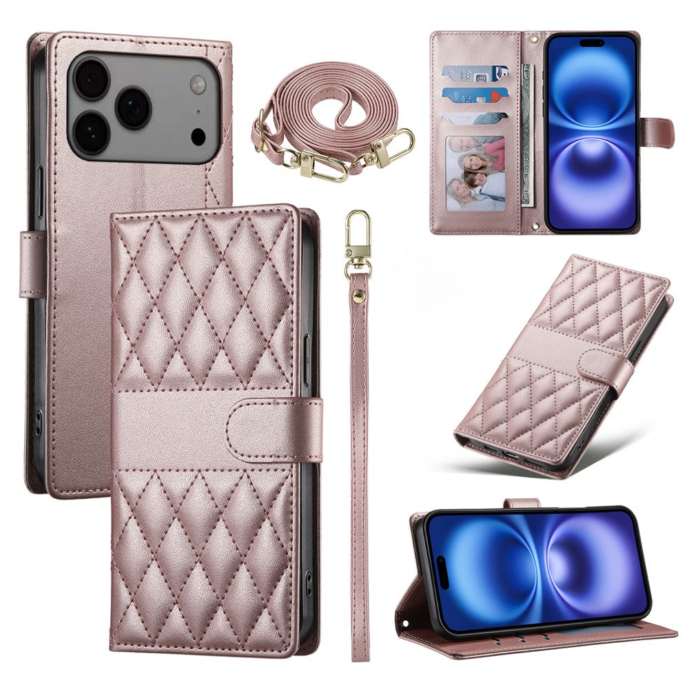For iPhone 18 Pro Max / 17 Pro Max Case Rhombus Stitching Wallet Stand Leather Phone Cover with Long / Short Strap