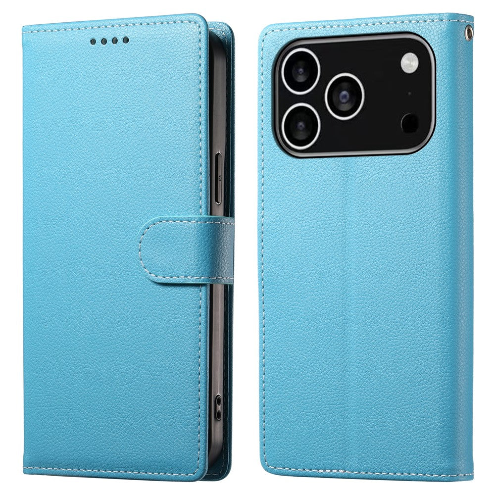 For iPhone 18 Pro / 17 Pro Case Magnetic Snap Litchi Texture Leather Wallet Phone Cover with Wrist Strap