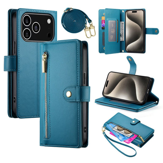 For iPhone 18 Pro / 17 Pro Case Zipper Pocket Wallet Leather Phone Cover with Straps