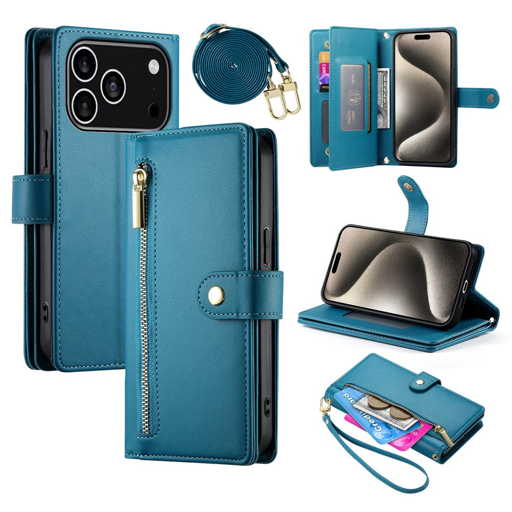 For iPhone 18 Pro / 17 Pro Case Zipper Pocket Wallet Leather Phone Cover with Straps