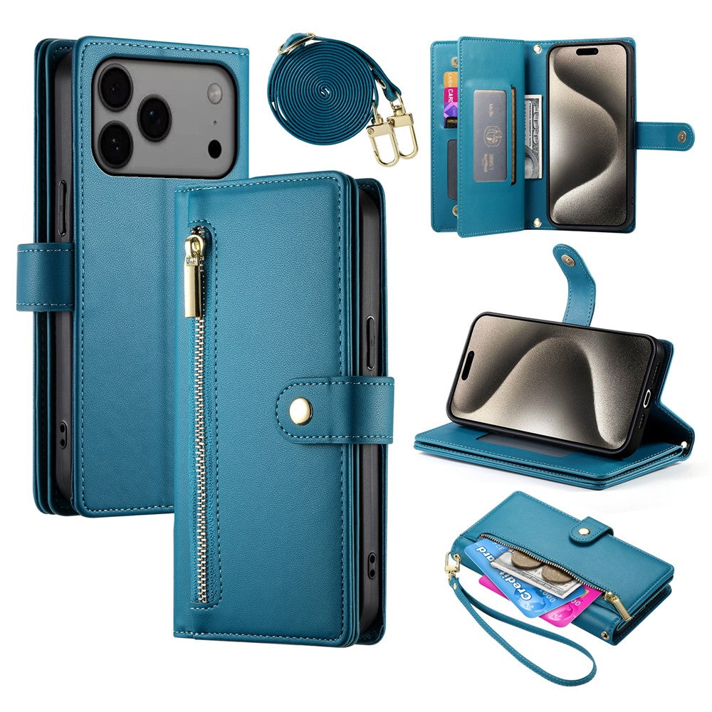For iPhone 18 Pro Max / 17 Pro Max Case Zipper Pocket Wallet Leather Phone Cover with Straps