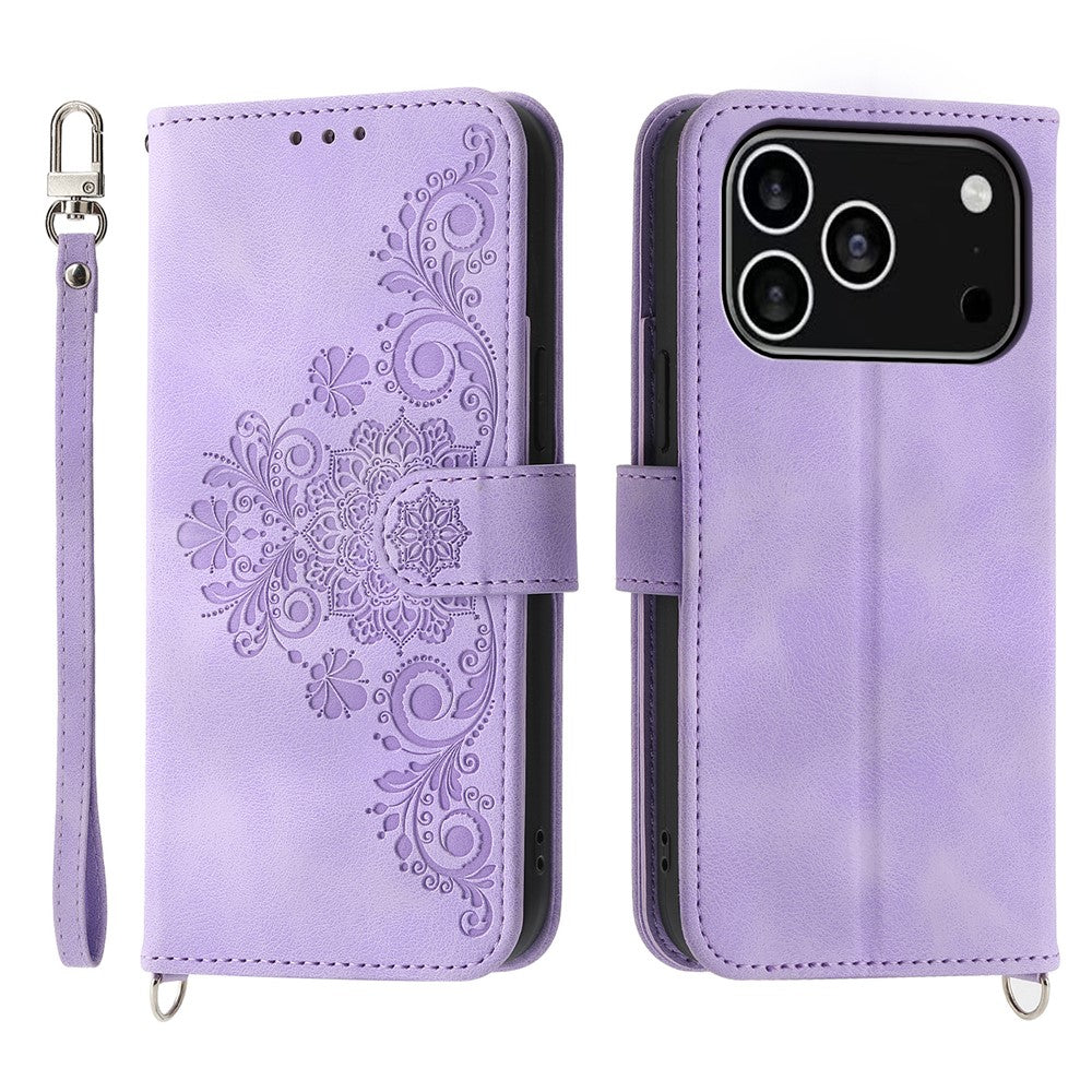 For iPhone 18 Pro / 17 Pro Case Flower Pattern PU Leather Wallet Phone Cover with Strap