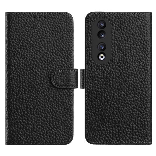 Honor 90 Wallet-Handyhülle – Standfunktion Litchi Textur Echtes Rindsleder Flip